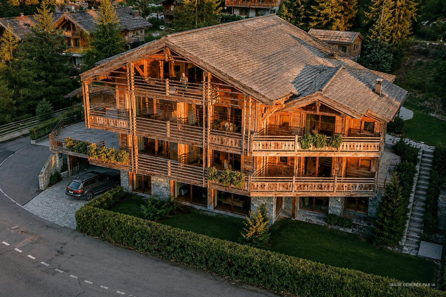 Vue aérienne de la résidence dans son quartier résidentiel de Verbier, entourée de jardins et de chalets.