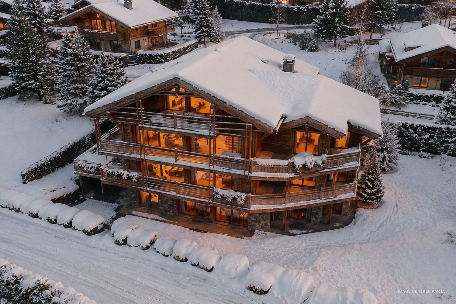 Vue aérienne de la résidence en hiver au crépuscule, toits enneigés et fenêtres éclairées.