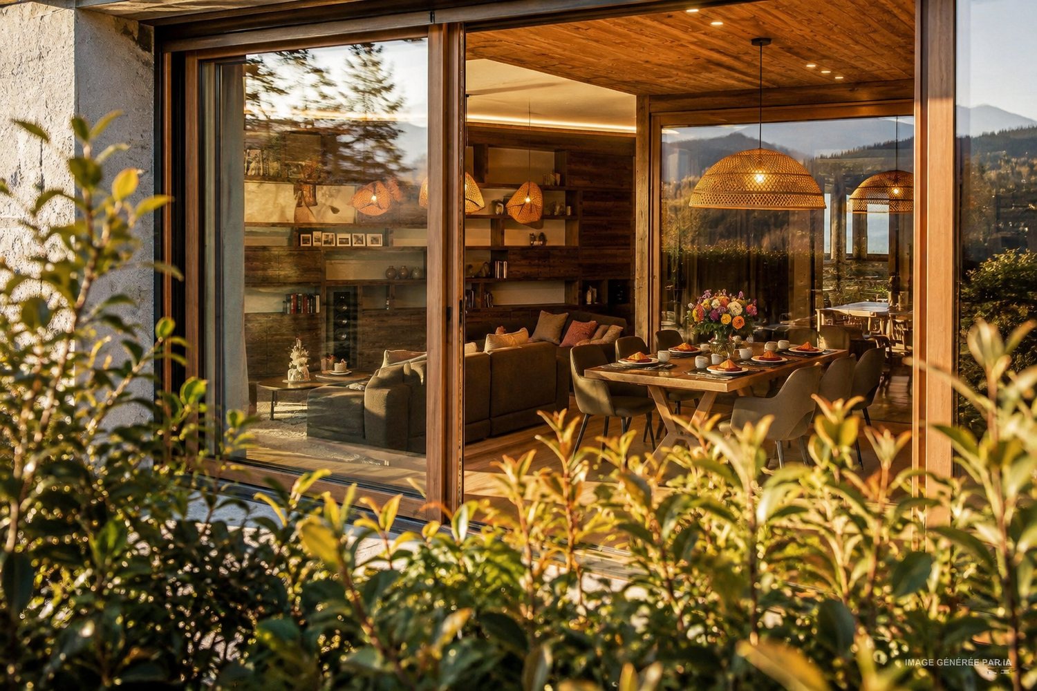 Terrasse et jardin du rez, végétation au premier plan, séjour éclairé derrière la grande baie vitrée.