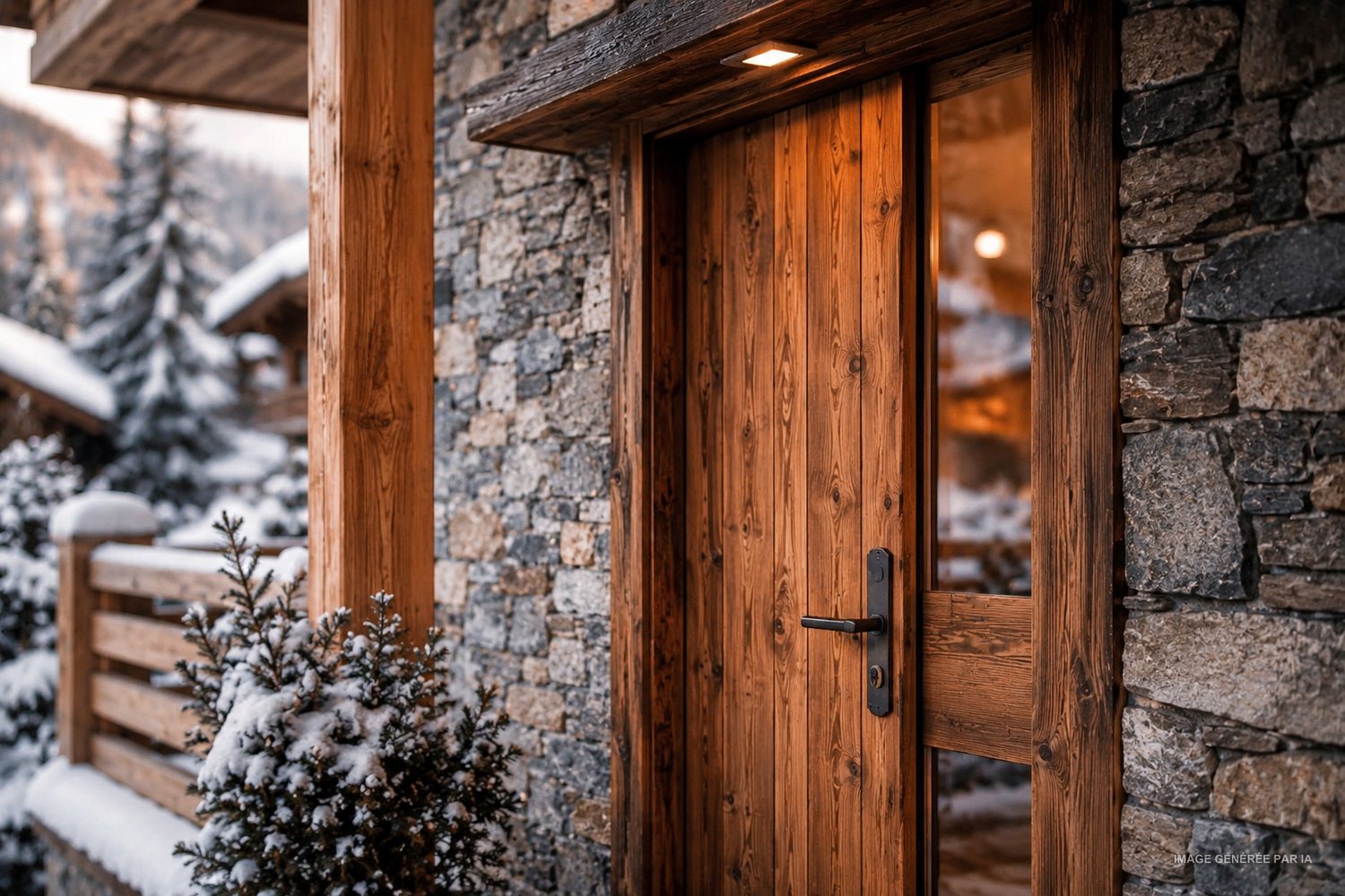 Porte d'entrée en vieux bois dans un encadrement de pierre du pays, sous la neige.
