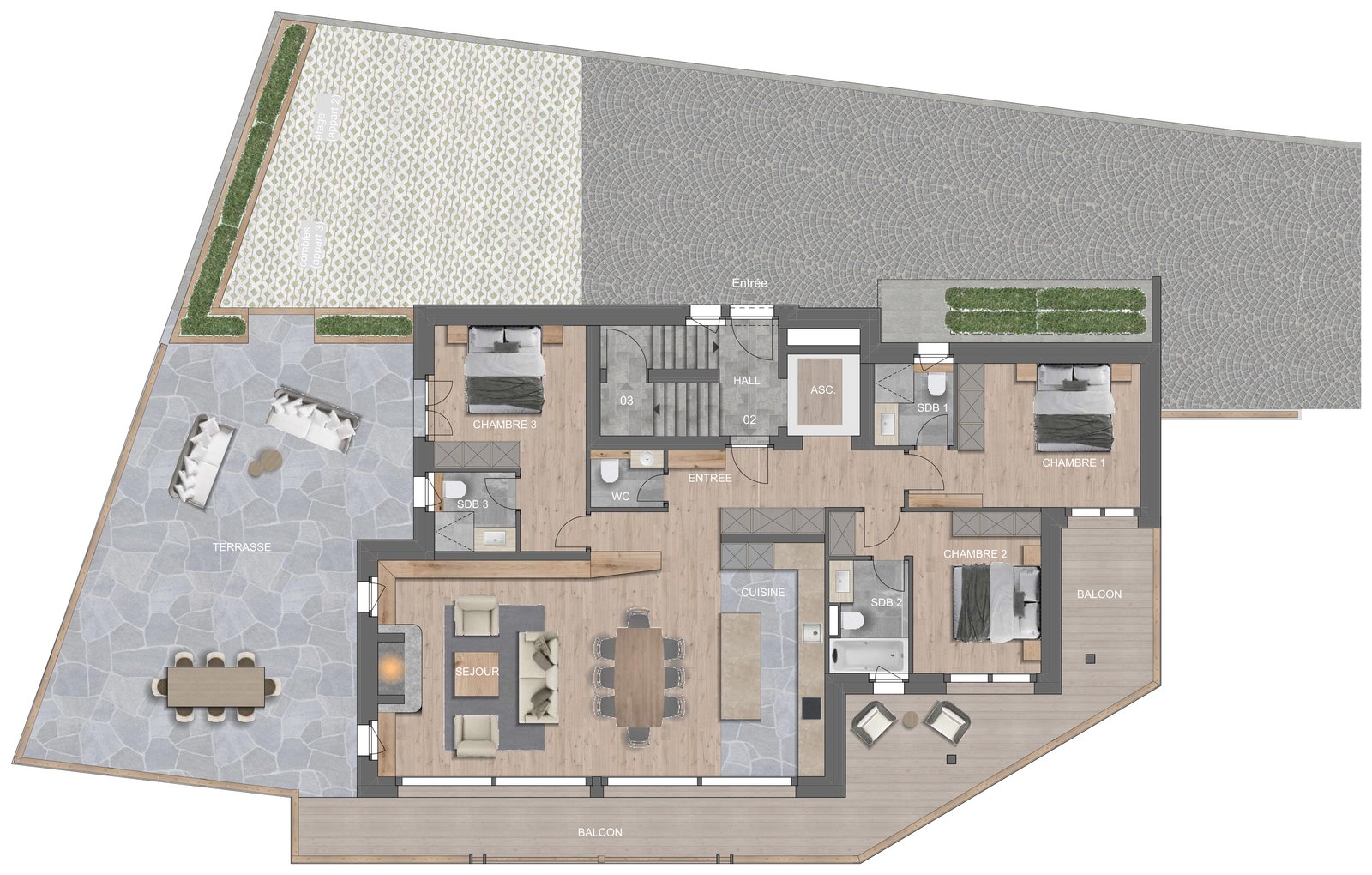 Plan du premier étage : appartement 2, séjour avec cheminée, trois chambres, terrasse et balcons.