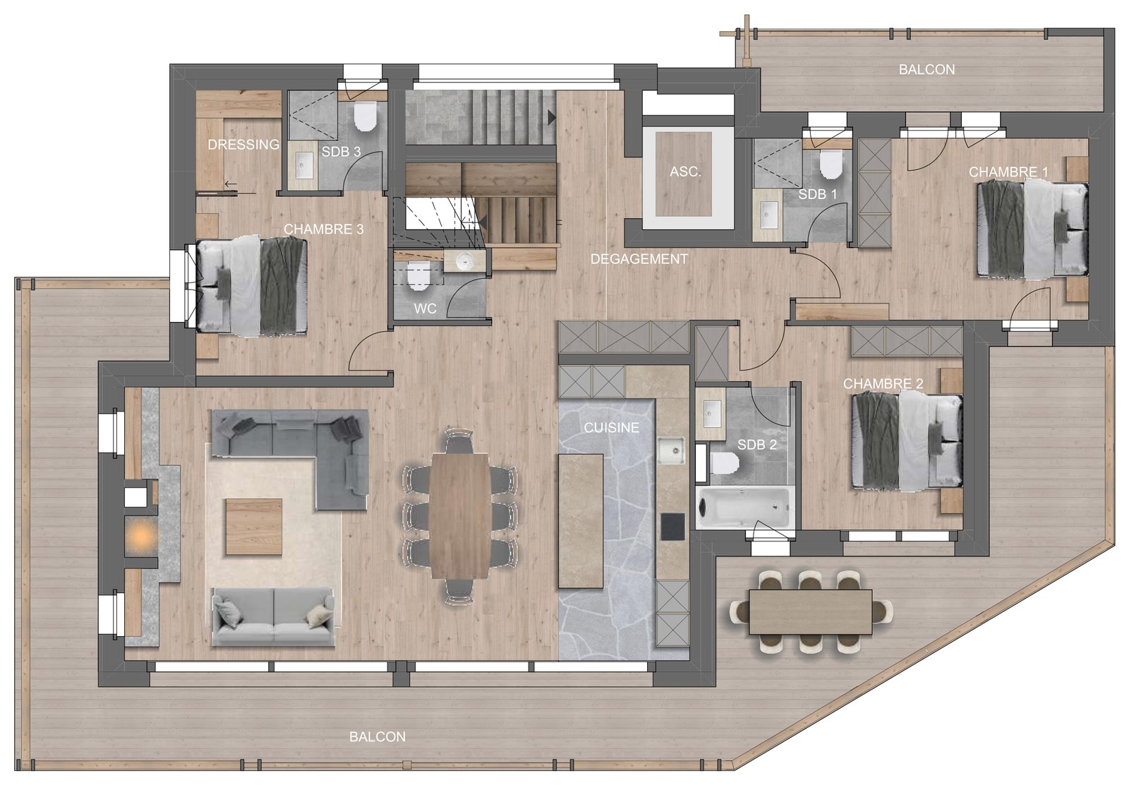 Plan du deuxième étage : niveau de vie du duplex, séjour, cuisine à îlot, trois chambres et balcons.