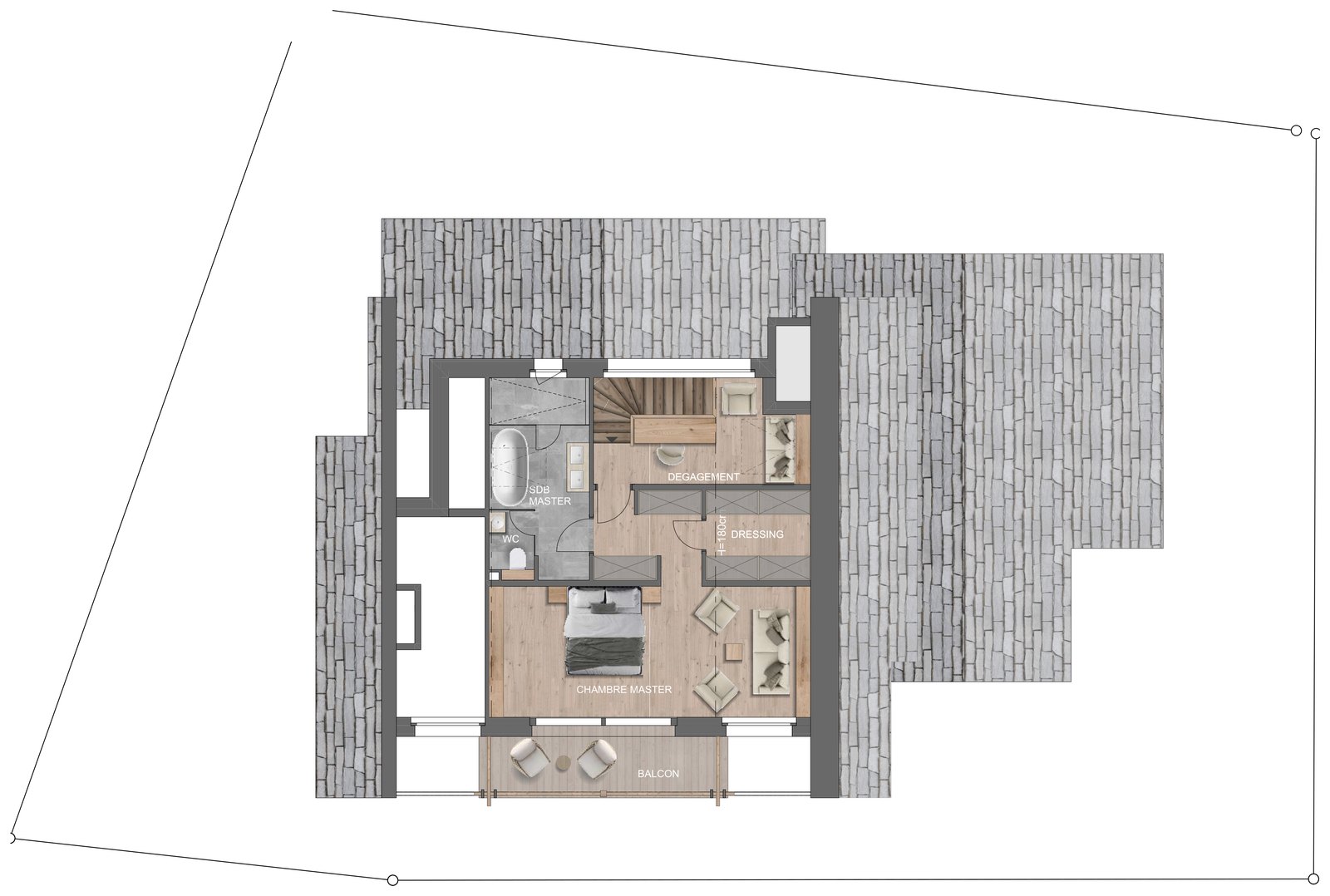Plan des combles : suite parentale du duplex avec dressing, salle de bains et balcon.