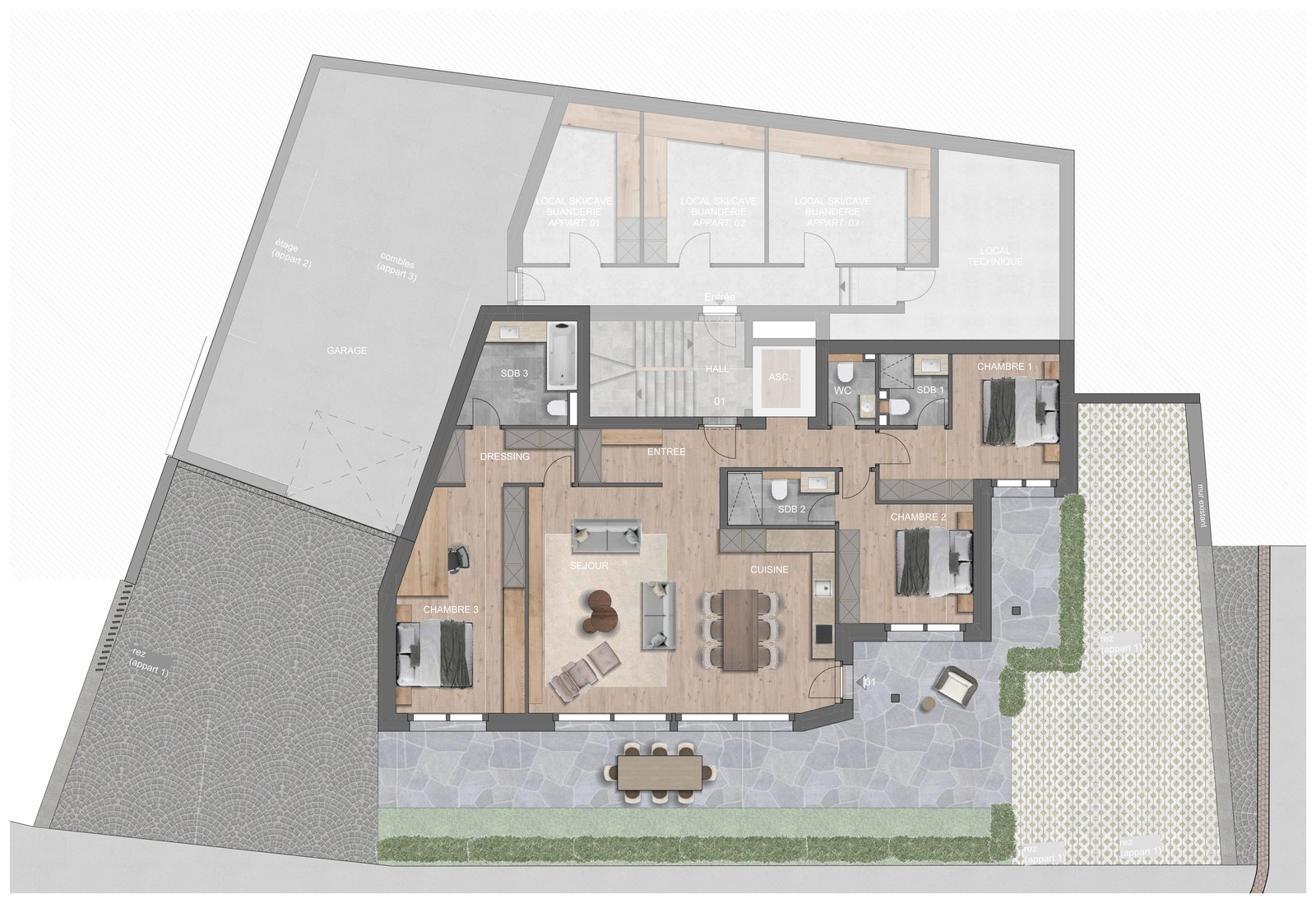 Plan du rez-de-chaussée : appartement 1 avec terrasse et jardin, garage commun, locaux à skis et entrée de la résidence.